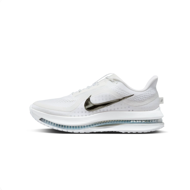 Nike Air Zoom White Sneakers with Metallic Swoosh & Visible Air Sole