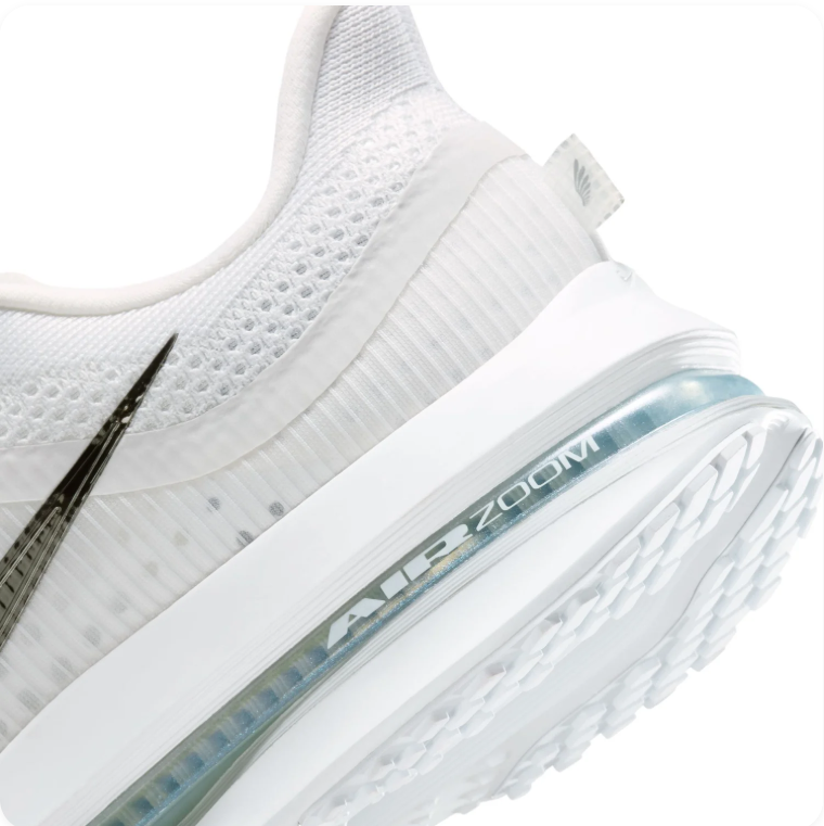 Nike Air Zoom White Sneakers with Metallic Swoosh & Visible Air Sole