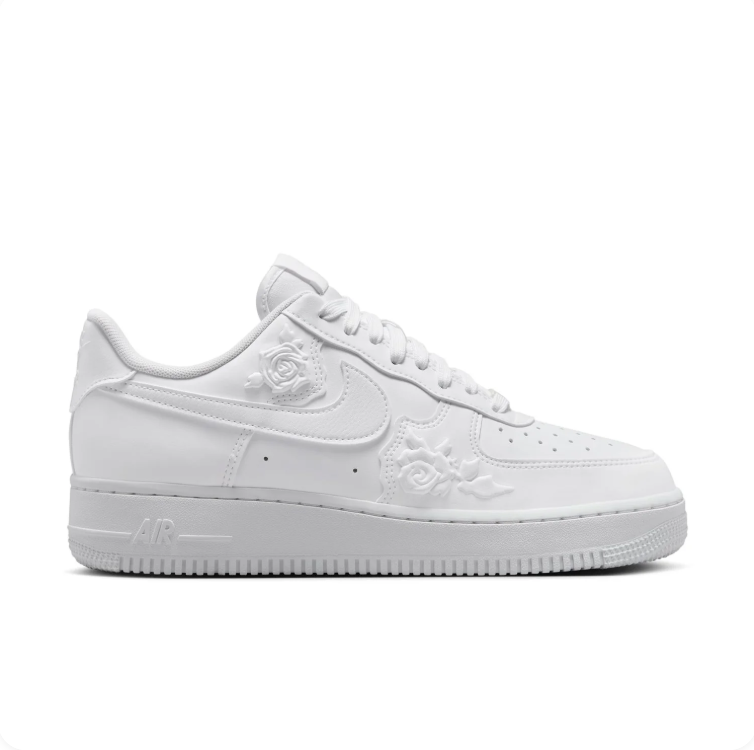 Nike Air Force 1 All-White Low-Top Sneakers with Raised Floral Details