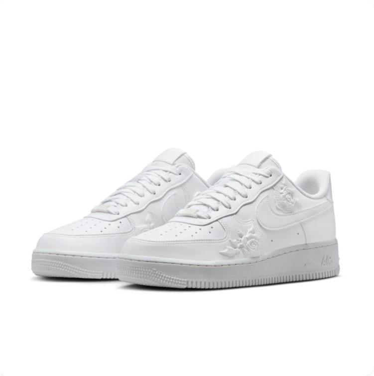 Nike Air Force 1 All-White Low-Top Sneakers with Raised Floral Details