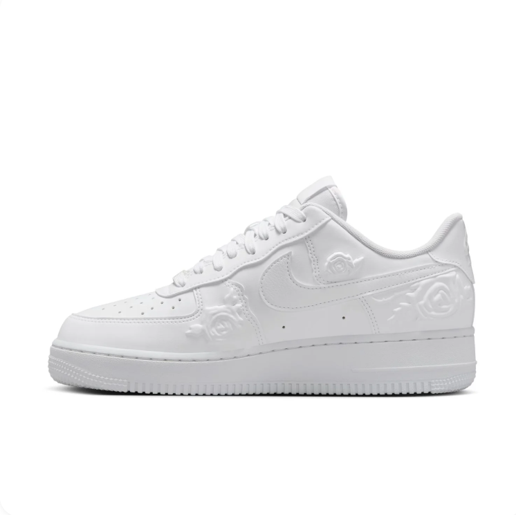 Nike Air Force 1 All-White Low-Top Sneakers with Raised Floral Details